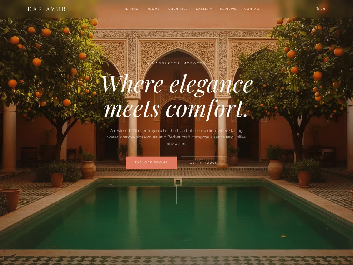 Page d'accueil du site Dar Azur, riad de luxe à Marrakech