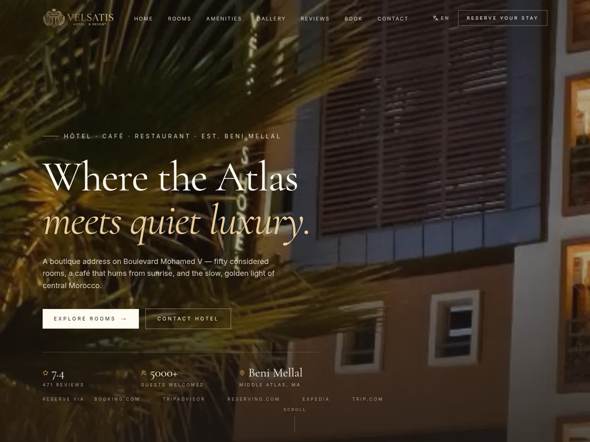 Page d'accueil du site Velsatis Hotel à Béni Mellal